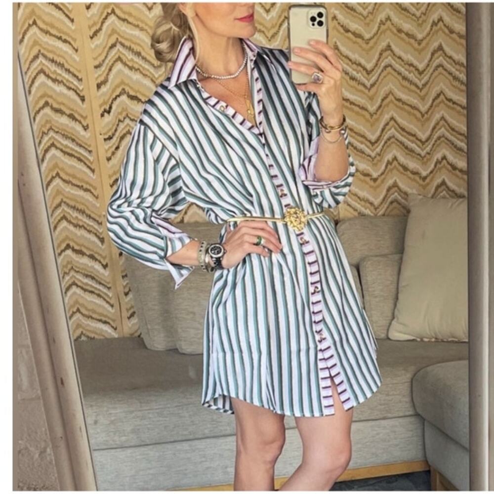 Buru Womens Small Boyfriend Shirtdress Striped Pattern Colorful Preppy Natuical